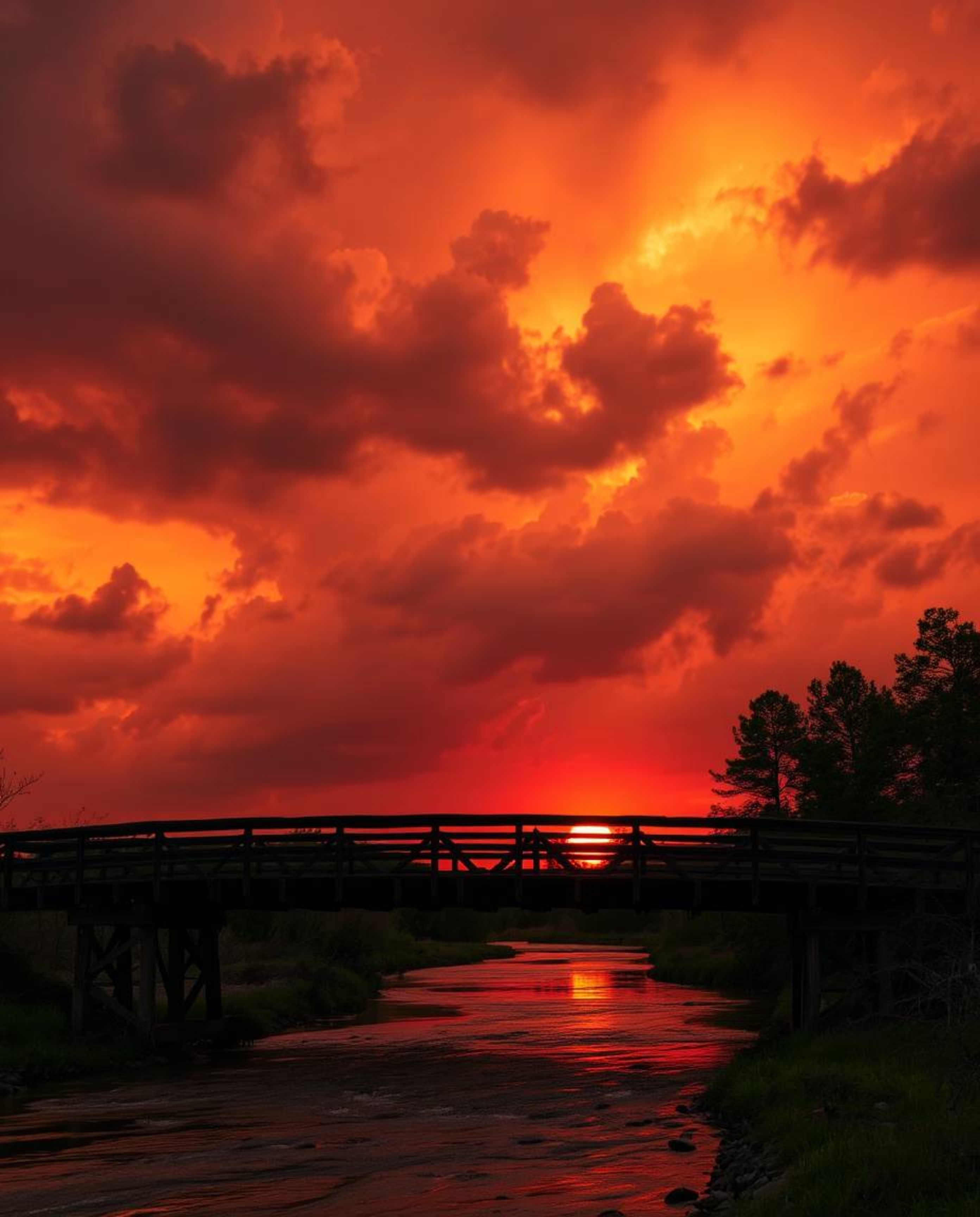 An old wooden bridge over a river at sunset is set against a backdrop of intense and dramatic weather. The sky is filled with