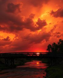 An old wooden bridge over a river at sunset is set against a backdrop of intense and dramatic weather. The sky is filled with