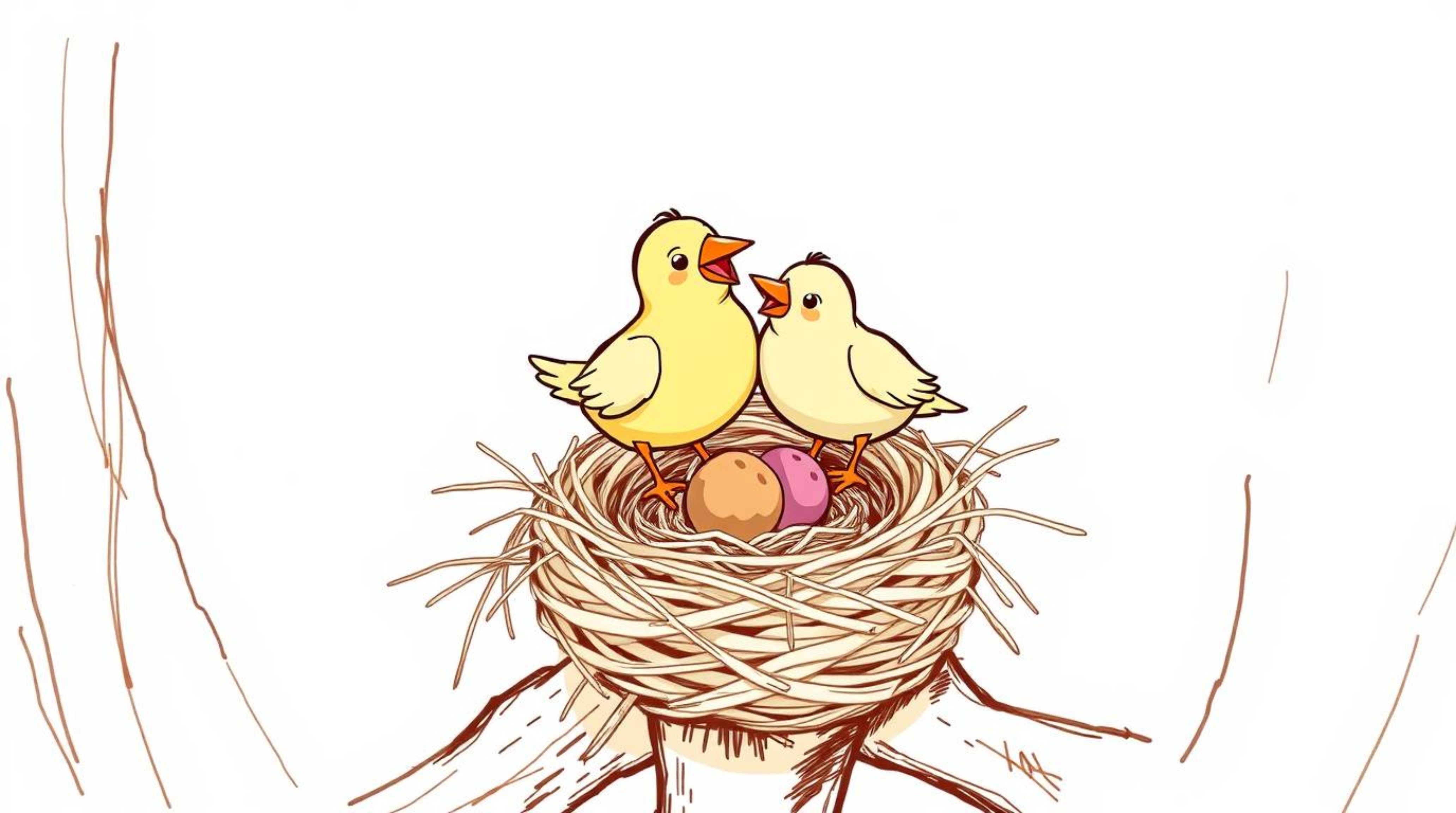 This image showcases a charming hand-drawn sketch of two cartoon birds diligently constructing a nest. The scene is presented