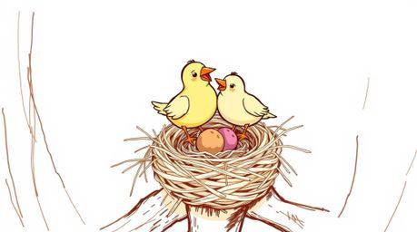 This image showcases a charming hand-drawn sketch of two cartoon birds diligently constructing a nest. The scene is presented
