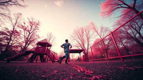 Experience a dramatic slow-motion run through a playground bathed in surreal infrared tones. This otherworldly scene, capture