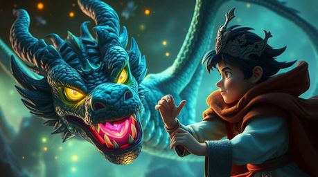 A charming prince with striking features battles a fearsome dragon in a captivating 1950s-style animation.  The scene is awas