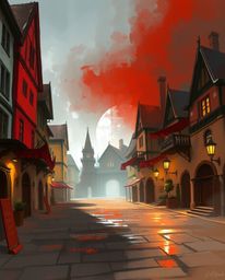 A captivating digital painting depicts an empty town square, bathed in dramatic, epic lighting. Loose painterly strokes, a mi