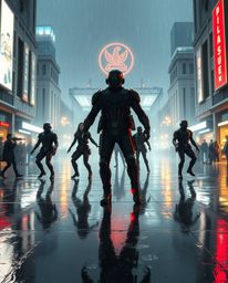 An epic, modern futuristic scene depicting a vibrant musical number in a bright town square during a rainy day. The scene is 