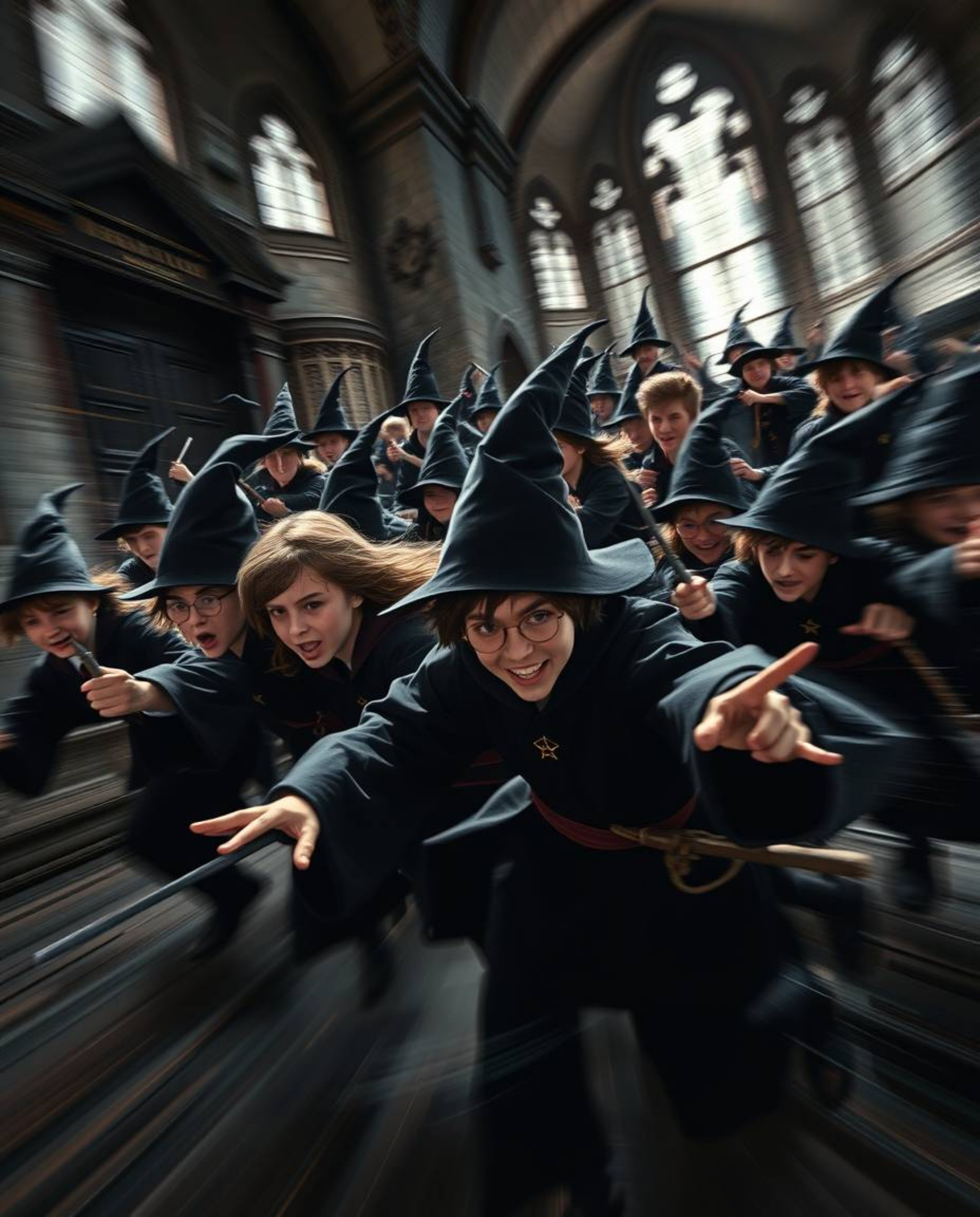 Explore a magical school teeming with young wizards, rendered in dynamic motion with intense jet black aesthetics. The artwor