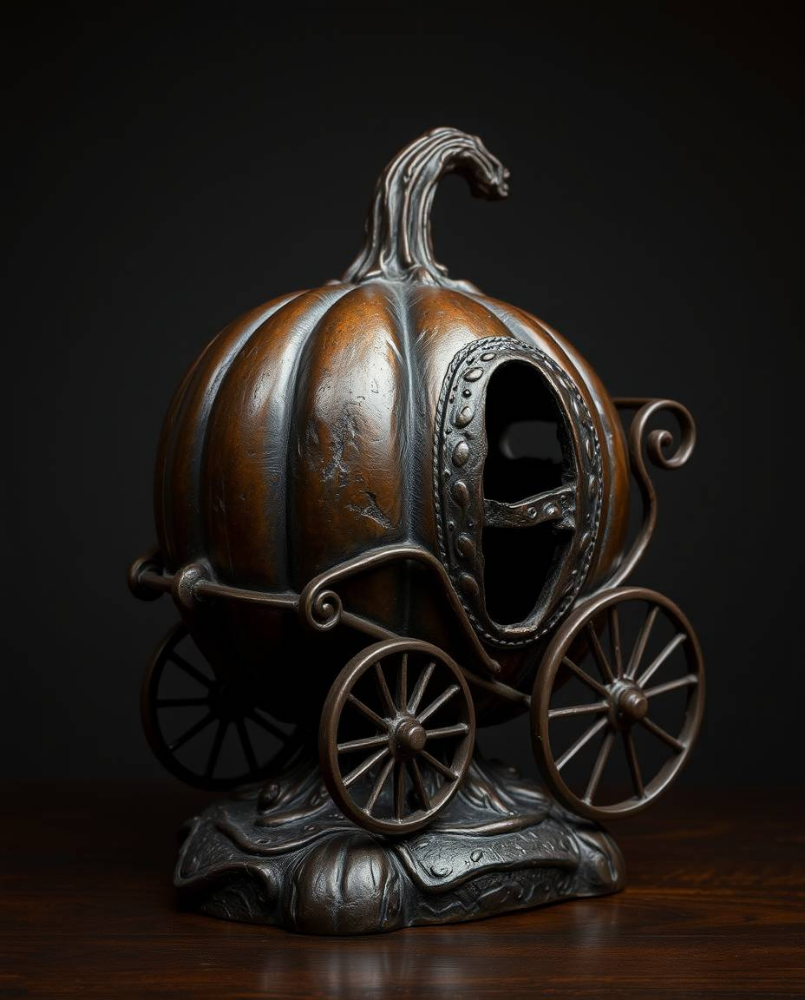 This cast bronze sculpture portrays a captivating scene of a pumpkin magically transforming into a carriage, rendered with a 