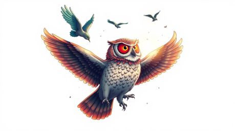 This captivating artwork depicts a traditional tattoo-style print of a Pixar-inspired blind owl imparting the secrets of flig