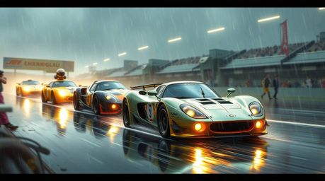 Immerse yourself in a vibrant digital painting depicting a wacky racing scene featuring outlandish cars speeding through driz