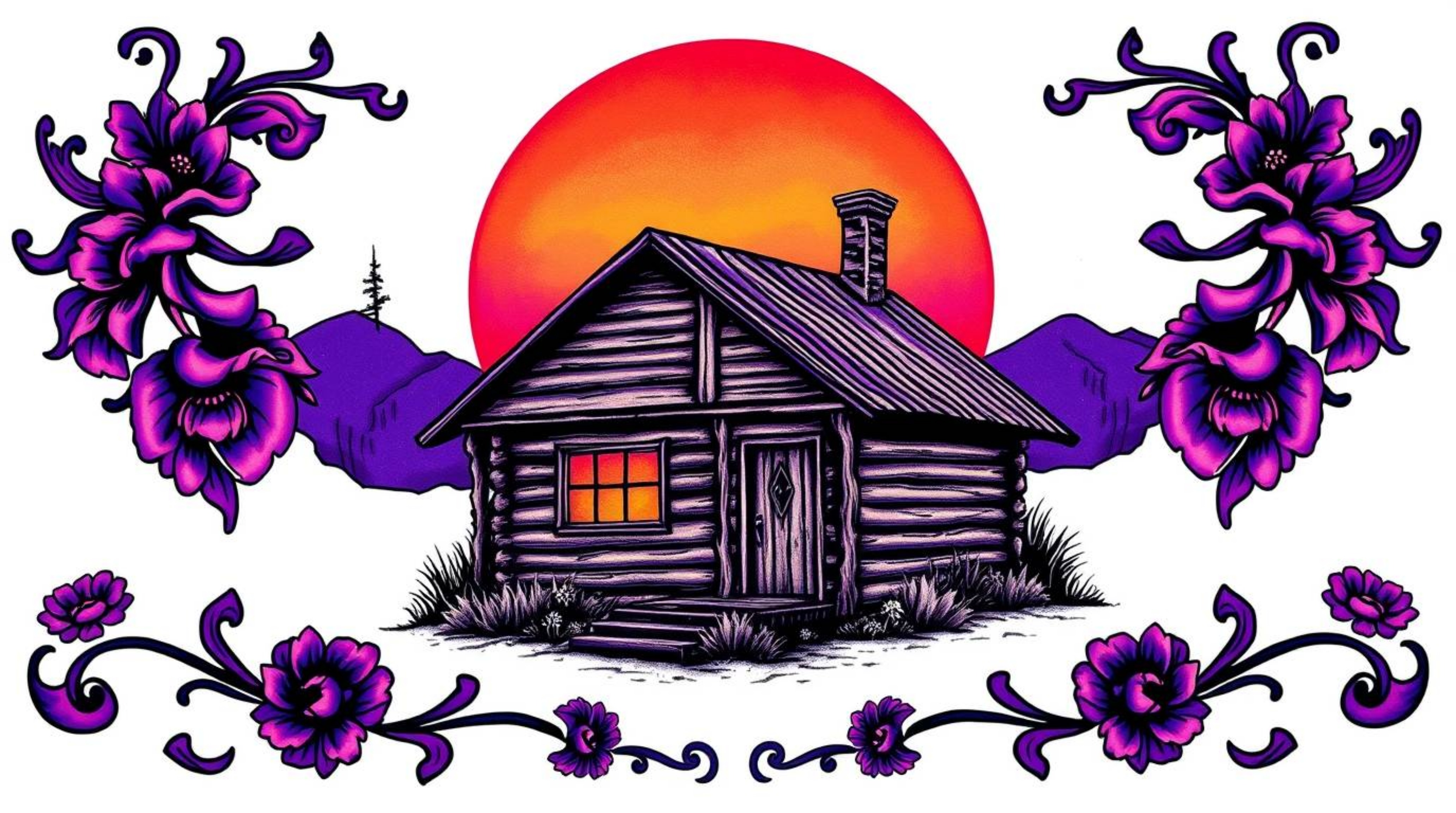 This traditional tattoo design showcases an old wooden cabin bathed in the vibrant hues of a sunset, rendered in deep ultravi