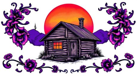 This traditional tattoo design showcases an old wooden cabin bathed in the vibrant hues of a sunset, rendered in deep ultravi