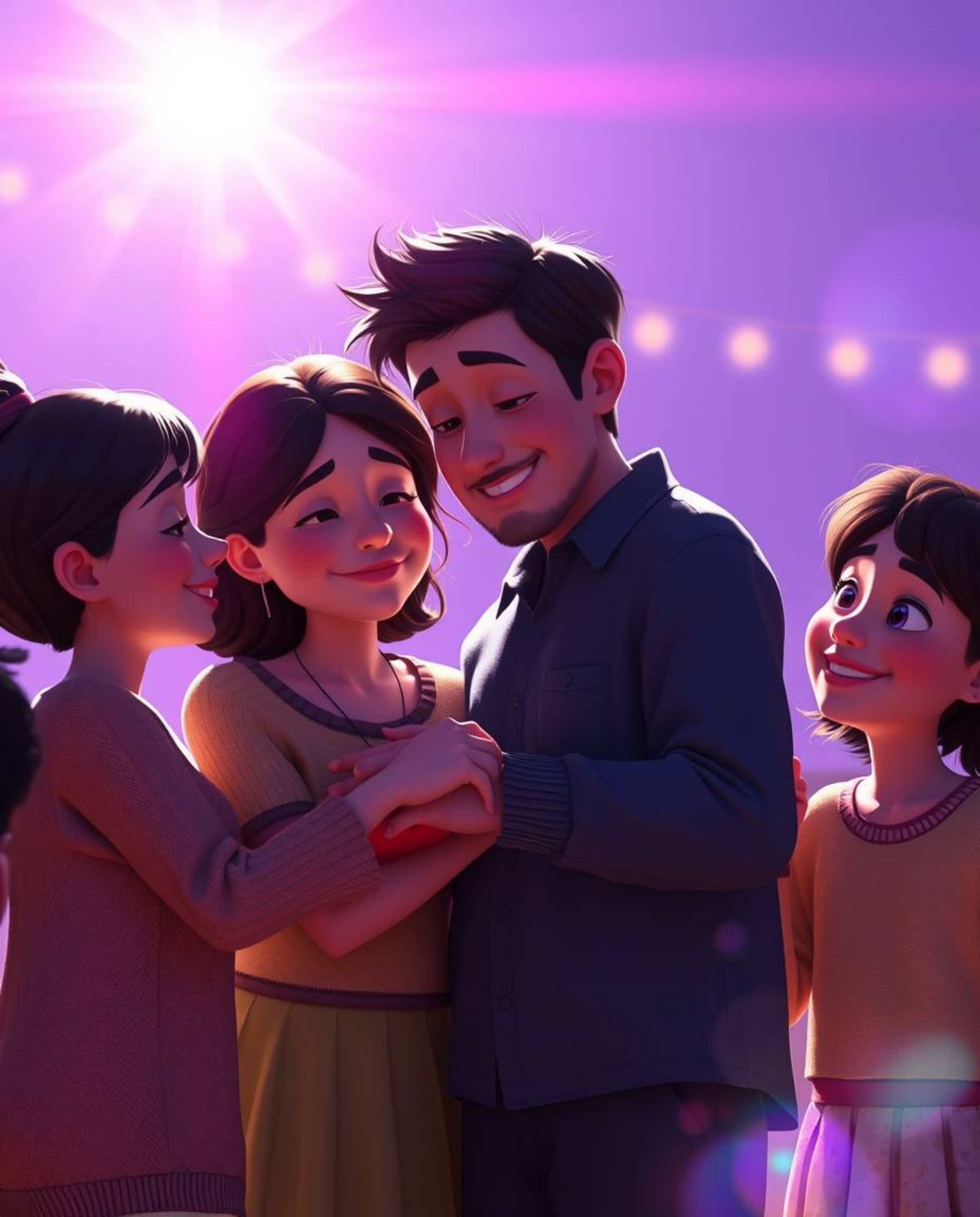Experience the warmth of a heartfelt family reunion depicted in a stunning Pixar-style digital rendering. This image bursts w