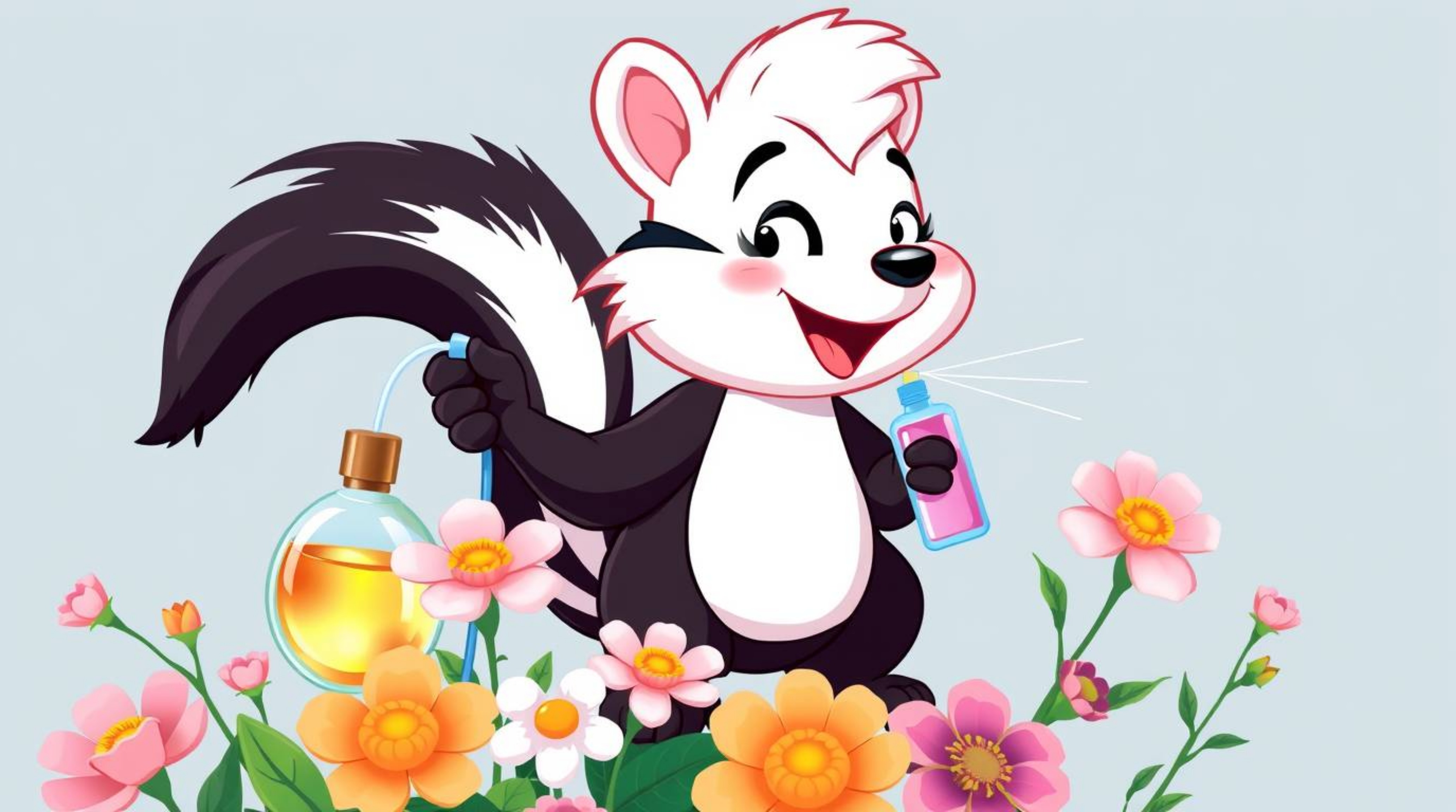 A high-resolution stock photo depicting a cartoon skunk playfully spraying perfume on flowers, crafted with vibrant, compleme