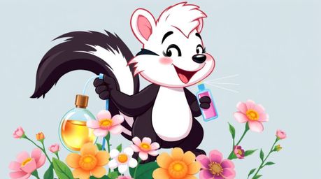 A high-resolution stock photo depicting a cartoon skunk playfully spraying perfume on flowers, crafted with vibrant, compleme