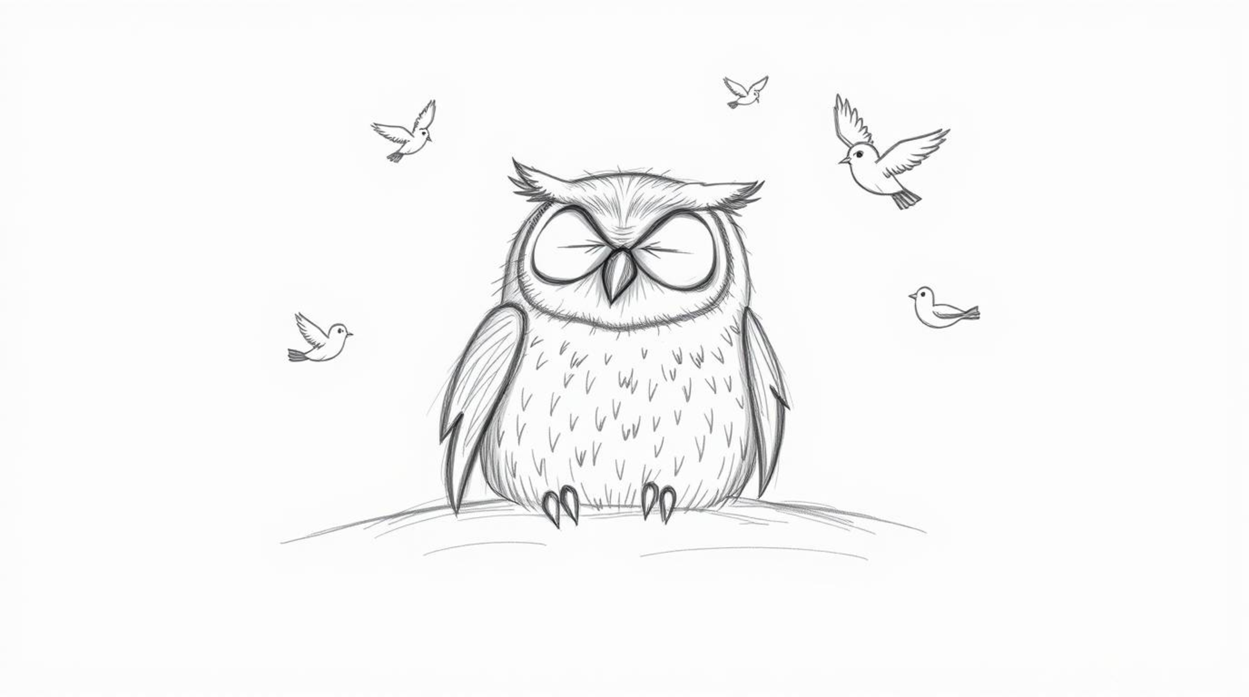 A charming, hand-drawn sketch reminiscent of Pixar animation, portrays a blind owl with delicate pencil strokes, peacefully r