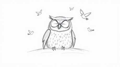 A charming, hand-drawn sketch reminiscent of Pixar animation, portrays a blind owl with delicate pencil strokes, peacefully r