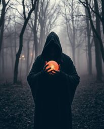 This image captures a unique blend of candid street photography and surreal infrared tones, depicting a cloaked figure holdin