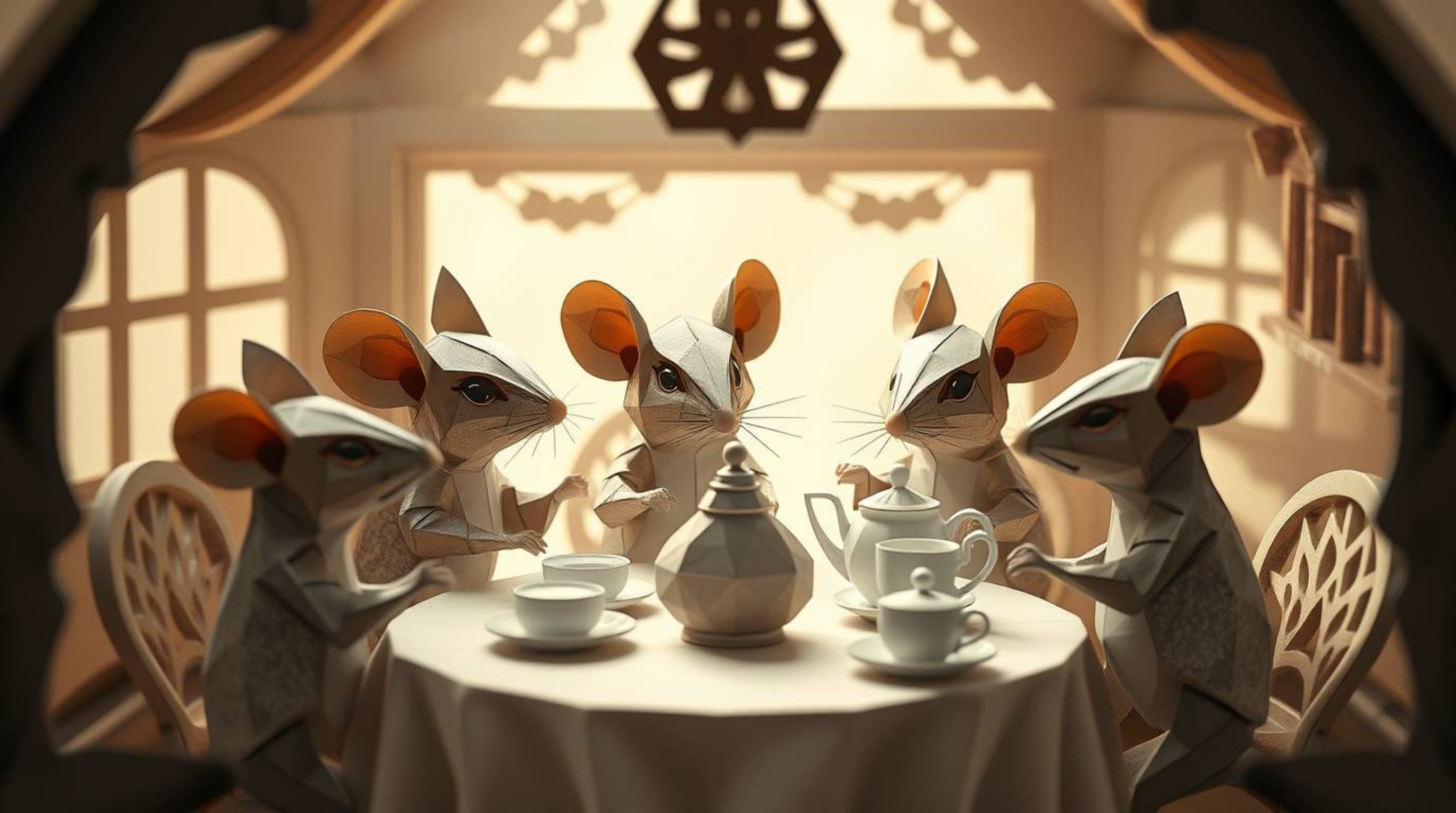 Immerse yourself in a whimsical world with this image showcasing anthropomorphic mice enjoying a delightful tea party within 