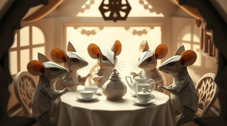Immerse yourself in a whimsical world with this image showcasing anthropomorphic mice enjoying a delightful tea party within 