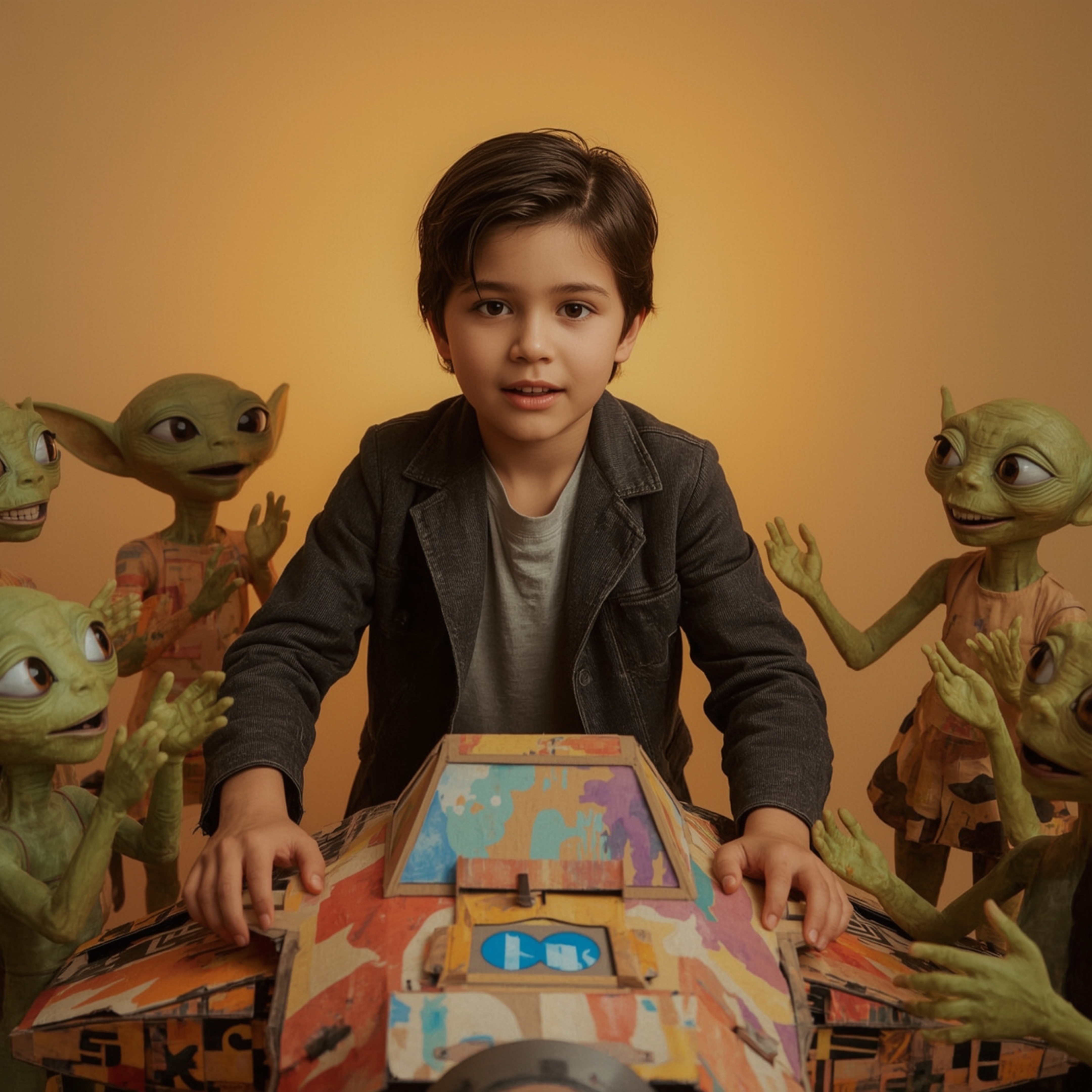 Exquisite high-fashion photography captures a boy with striking features building an intricately designed cardboard spaceship