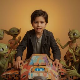 Exquisite high-fashion photography captures a boy with striking features building an intricately designed cardboard spaceship