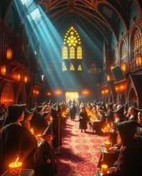 Immerse yourself in a magical school brimming with young wizards, bathed in a warm, golden glow that creates a radiant and lu