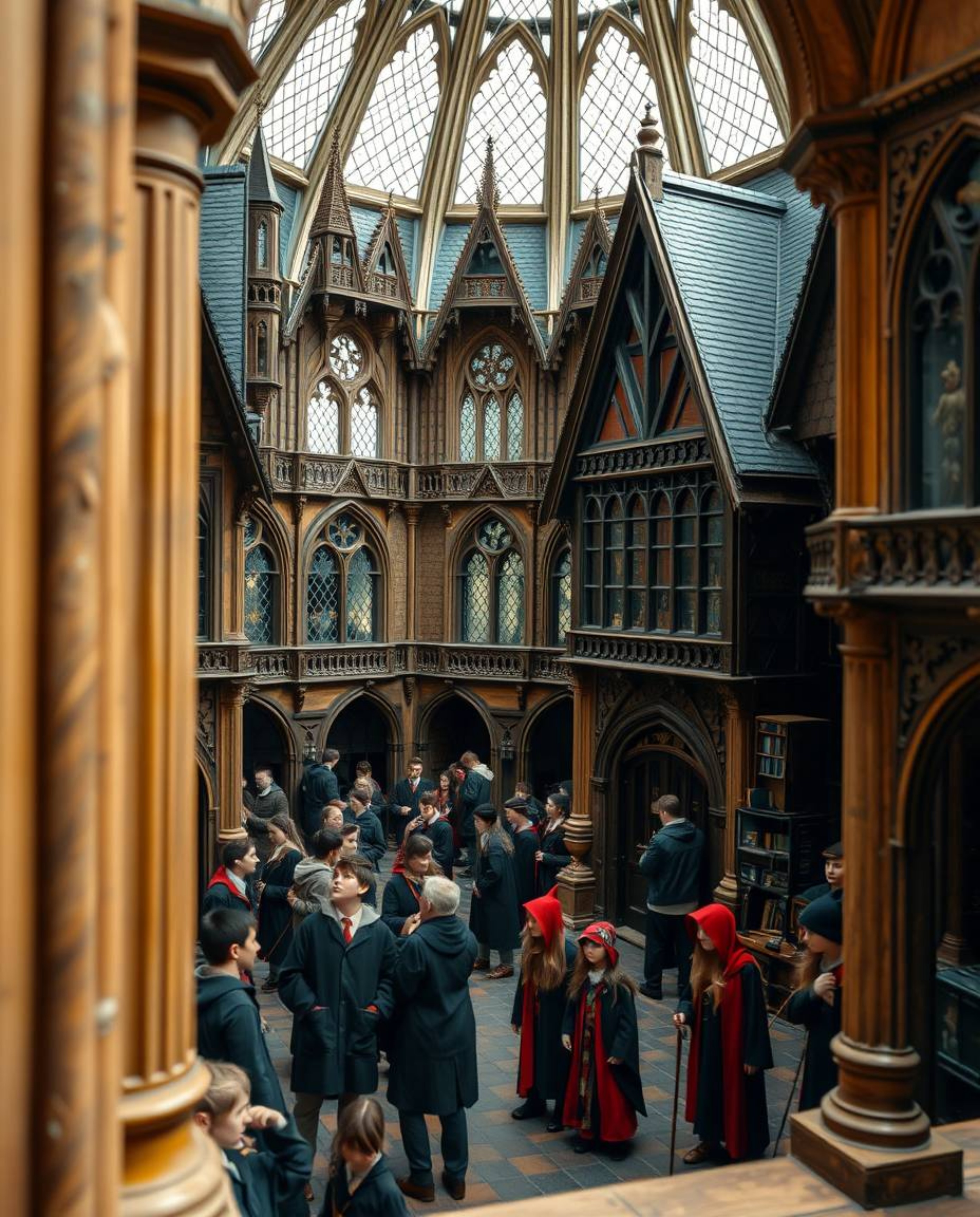 This architectural color photograph showcases an extreme macro close-up view of a magical school brimming with young wizards.