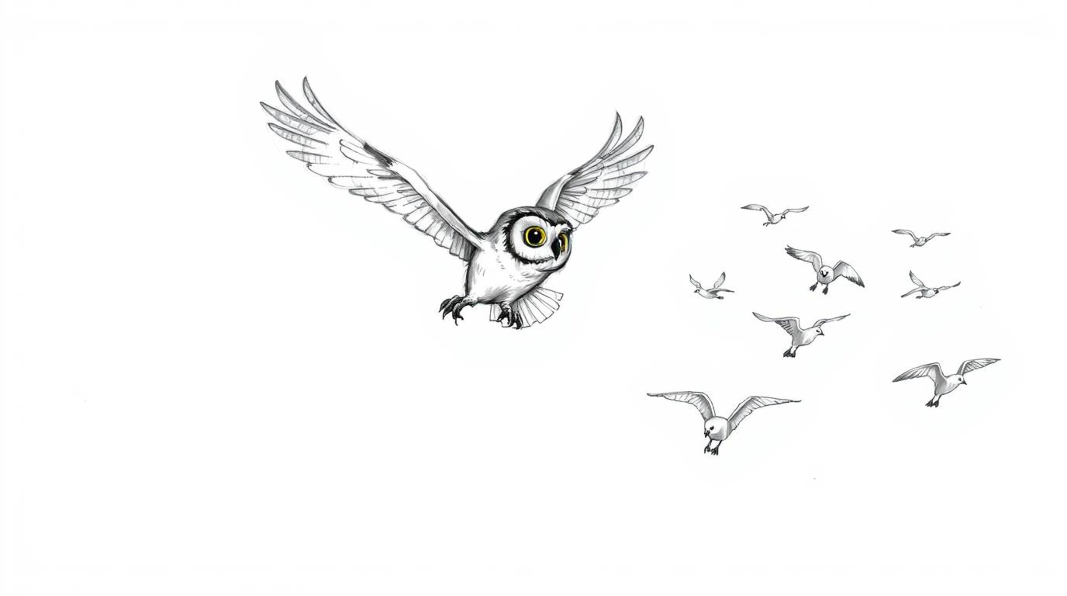 A charming hand-drawn sketch in the style of Pixar depicts a blind owl in mid-flight, gracefully teaching a flock of birds.  