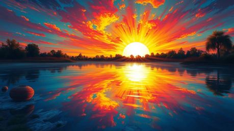A digital painting capturing the essence of a calm pond reflecting a vibrant sunset. The artwork bursts with bright, vibrant 
