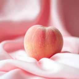 A captivating close-up shot of a soft pink peach resting delicately on pastel pink silk. The image showcases the peach's fuzz