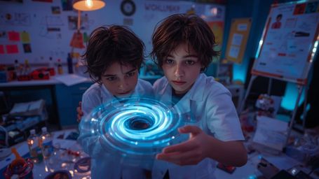 In a vibrant, cinematic photograph with a whimsical, Pixar-inspired feel, two diverse tween scientists make an astonishing di