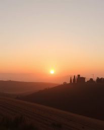 This is an extreme macro close-up of a delicate watercolor painting depicting a sunset over misty, rolling hills in Tuscany. 