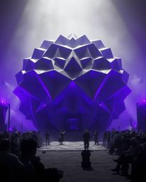 A captivating monochrome image showcases a grand, epic scene featuring a massive 3D geometric pattern resembling folded paper
