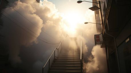 A captivating candid street photograph depicts a surreal stairway ascending through smoky clouds towards a bright celestial l