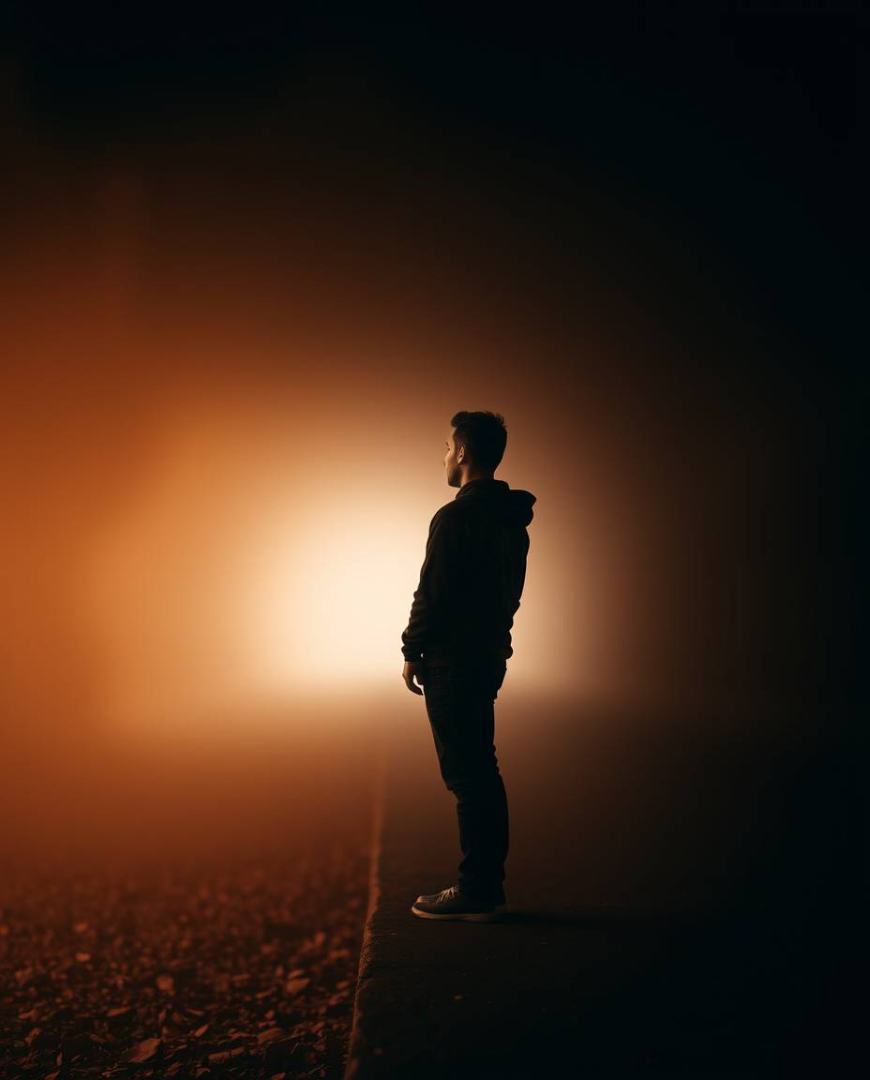 A sharply focused individual stands at a tunnel's entrance, gazing towards a source of light.  The background is artistically