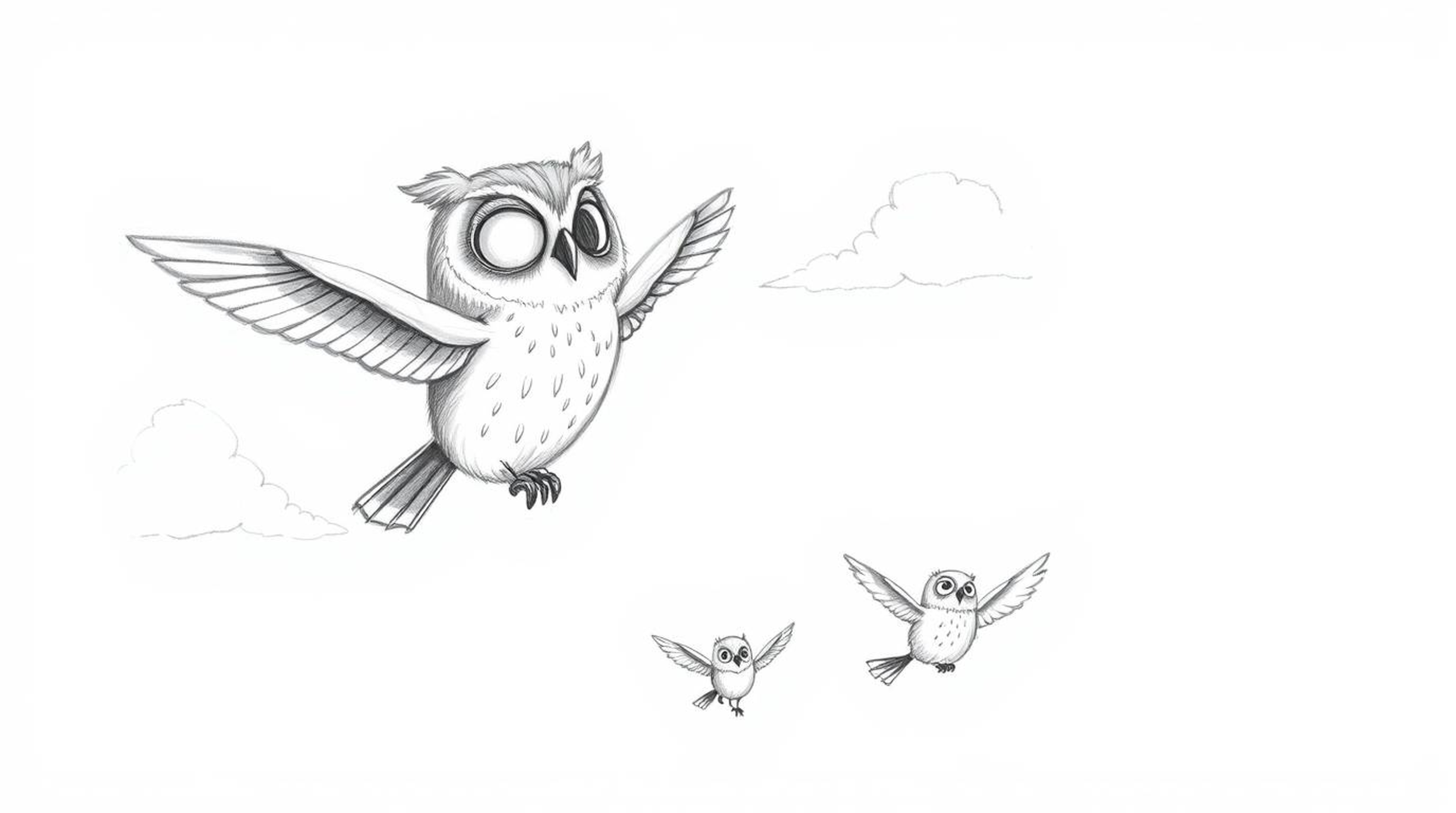A charming, hand-drawn sketch in Pixar style depicts a blind, large-eyed owl gently guiding baby birds in flight. Set against