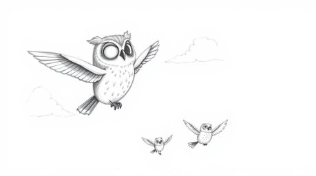 A charming, hand-drawn sketch in Pixar style depicts a blind, large-eyed owl gently guiding baby birds in flight. Set against