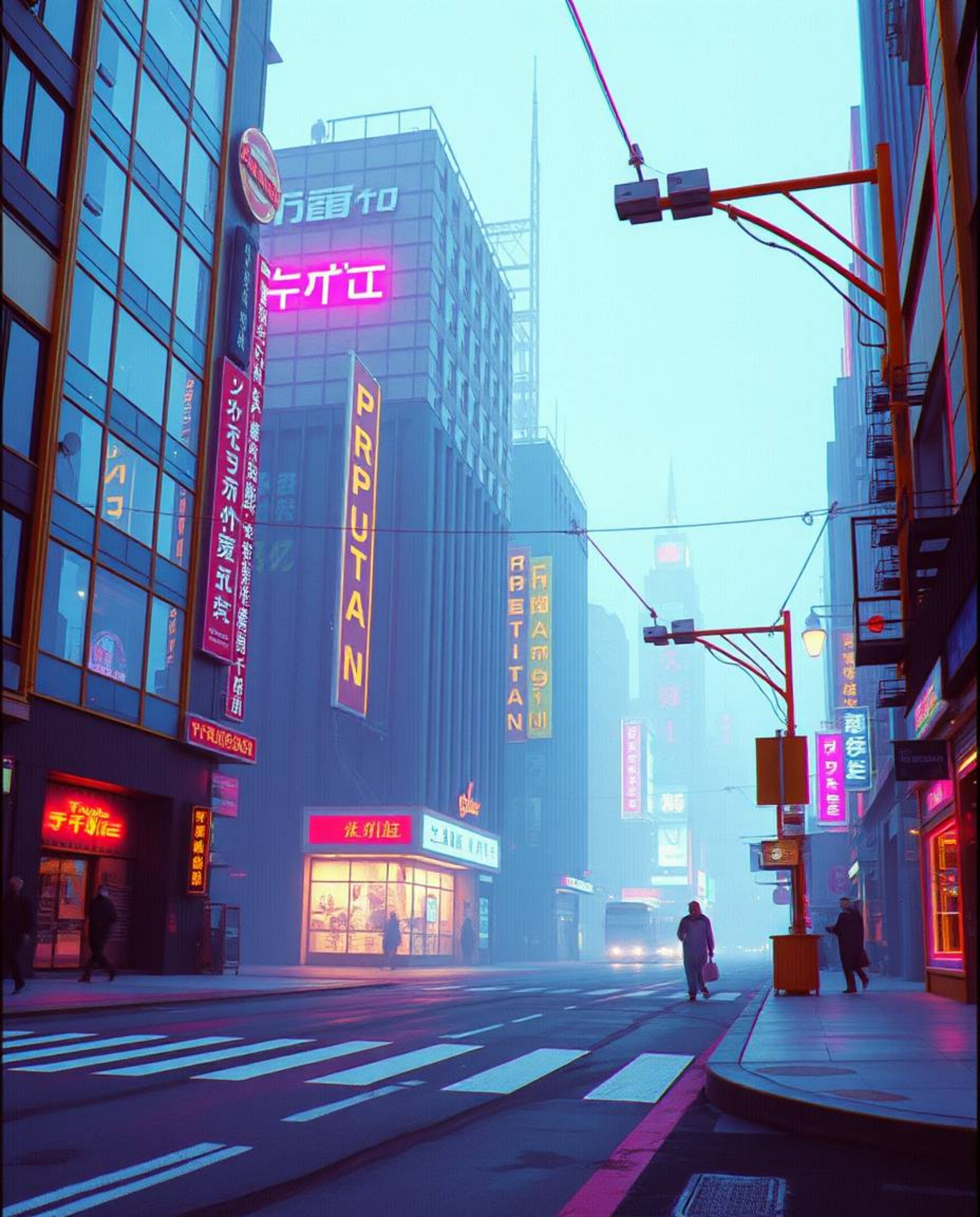 A captivating pixelated glitch art image depicting a cyberpunk street scene.  Neon haze bathes the sharply defined architectu