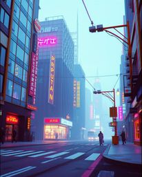 A captivating pixelated glitch art image depicting a cyberpunk street scene.  Neon haze bathes the sharply defined architectu