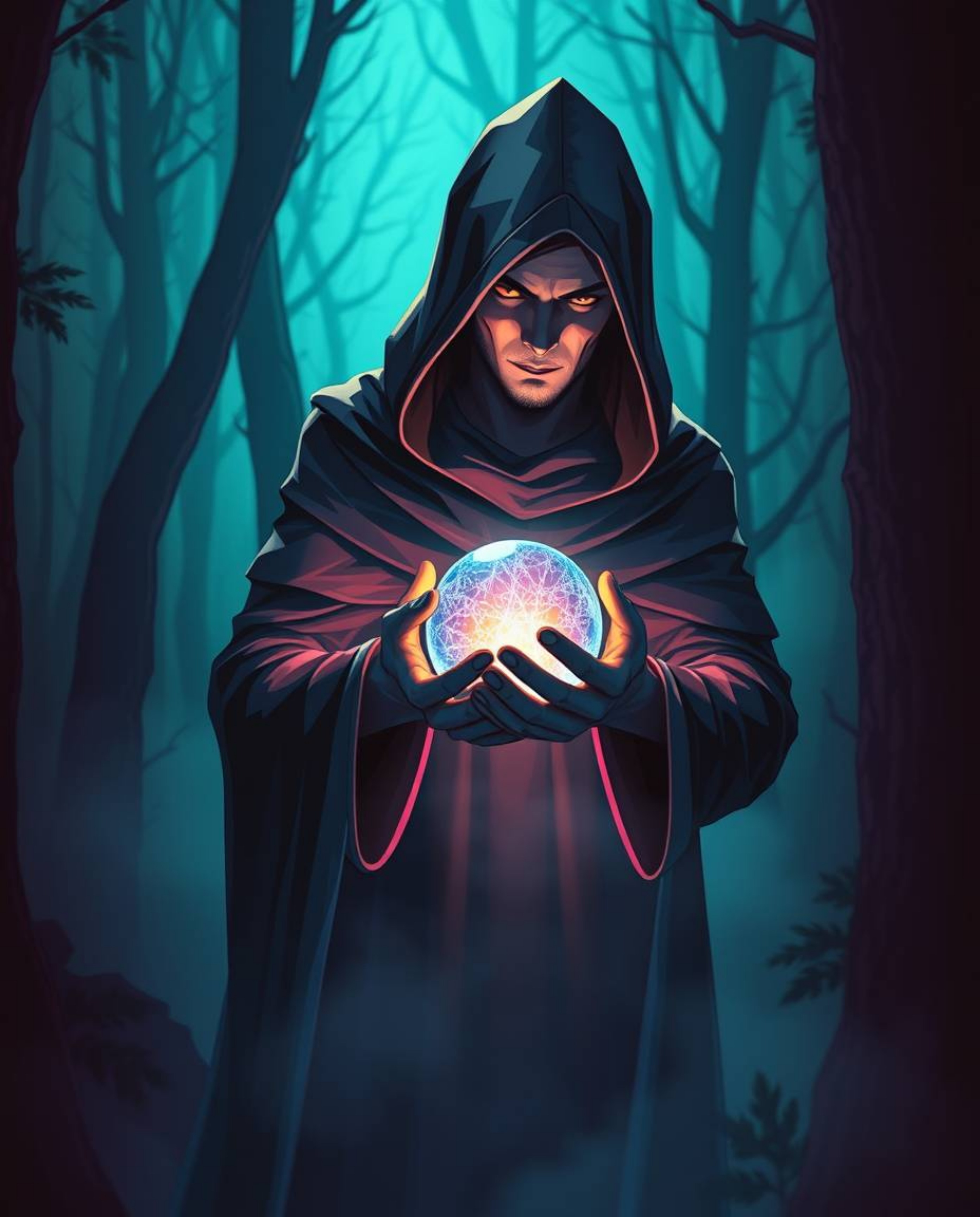 A cinematic-style illustration depicting a cloaked figure in a misty forest, sharply defined with dramatic lighting. The figu