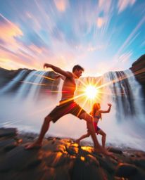 Experience dynamic motion with this image of a bright lens flare effect on a sunset behind a dramatic waterfall. The scene is