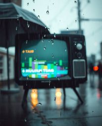 A captivating close-up shot depicting a wet and rainy scene, focusing on a retro-style TV screen displaying glitch static and