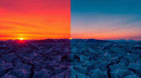 A stunning split image showcases a vibrant sunset over majestic icy glaciers in the polar region.  The bold colors and strong