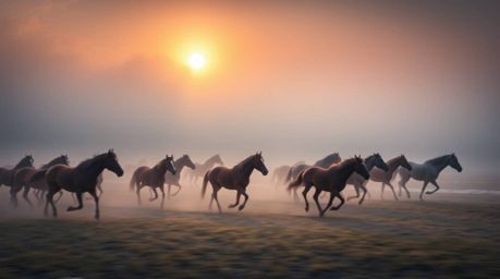 A captivating long exposure photograph capturing a herd of wild horses running beneath a glowing sky, with thick fog subtly o