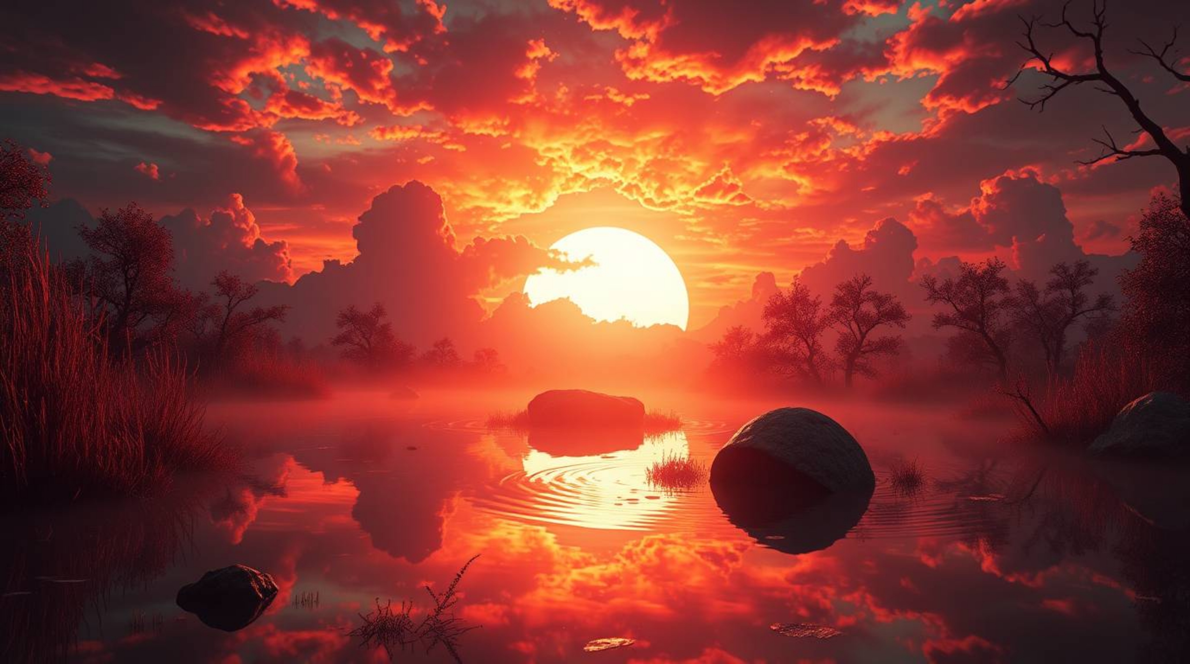 A captivating image depicting a surreal, dreamlike reflection of a vibrant sunset in a tranquil pond.  Rendered in a modern, 