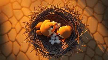 A charming overhead view of two cartoon birds diligently constructing a nest in a classic animation style. The scene is bath