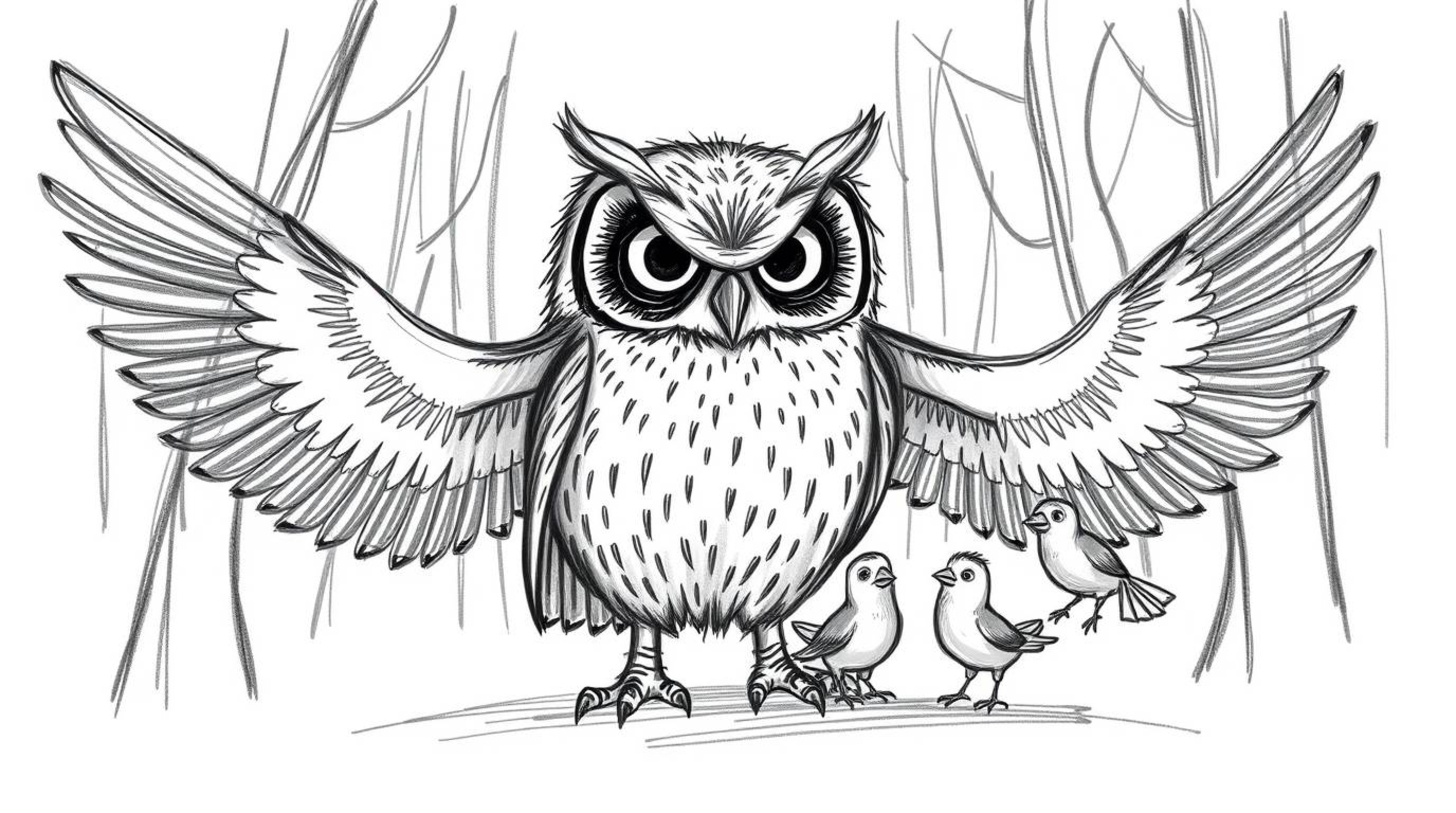 A heartwarming hand-drawn sketch in the style of Pixar depicts a blind owl with expressive eyes patiently teaching a group of
