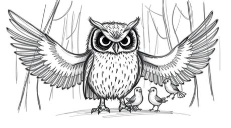 A heartwarming hand-drawn sketch in the style of Pixar depicts a blind owl with expressive eyes patiently teaching a group of