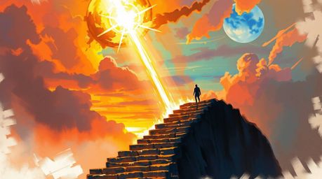 A breathtaking digital sketch depicts a solitary figure ascending a stone staircase towards a radiant beam of divine light, e