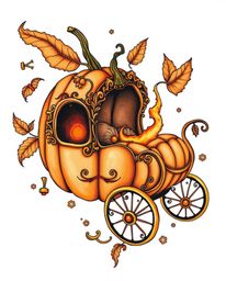 A captivating art print showcasing a magical pumpkin transforming into a carriage, envisioned as a symbolic traditional tatto