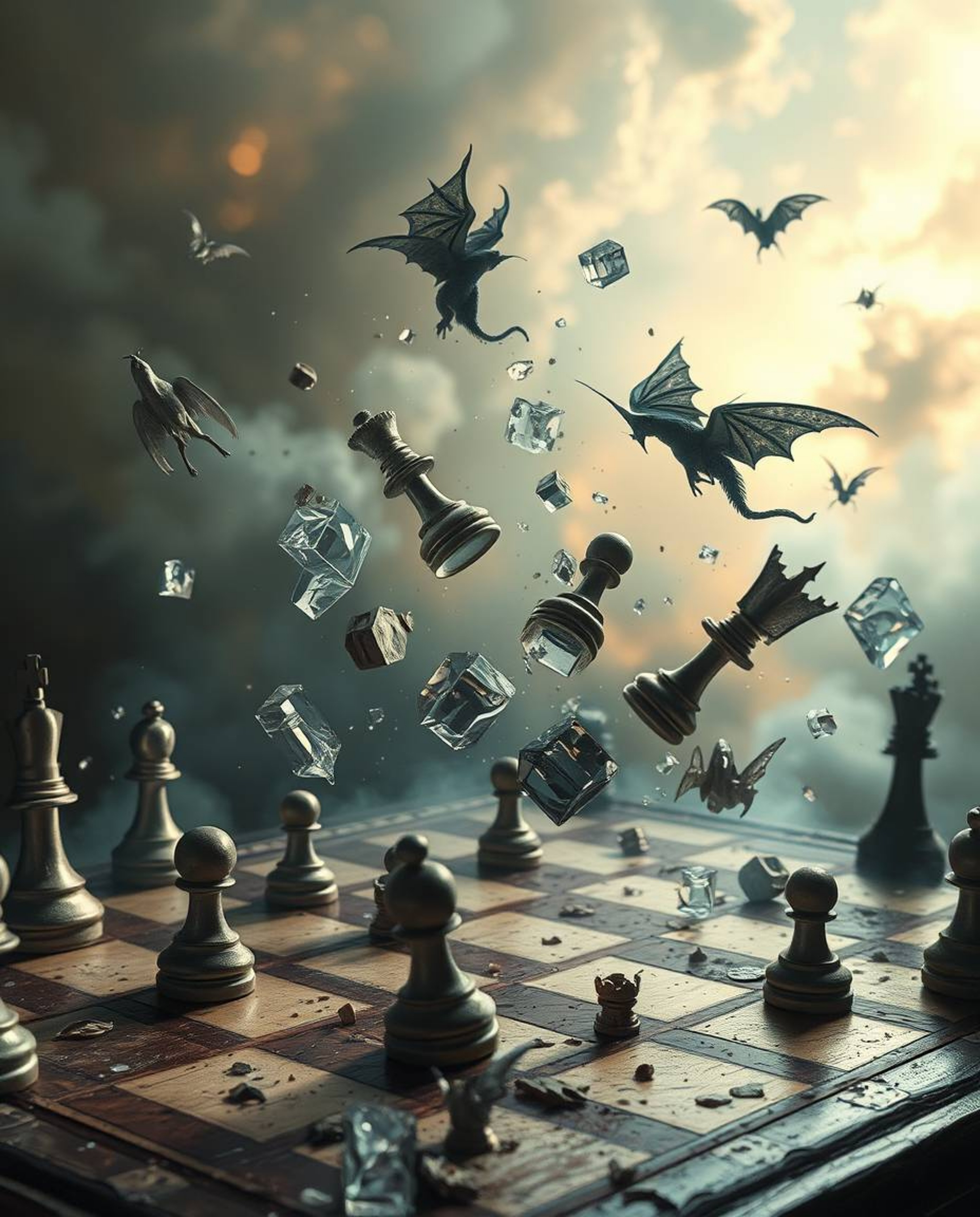 Explore a dreamlike, surreal image of a chessboard where pieces are frozen mid-air in a state of destruction. This artwork fe